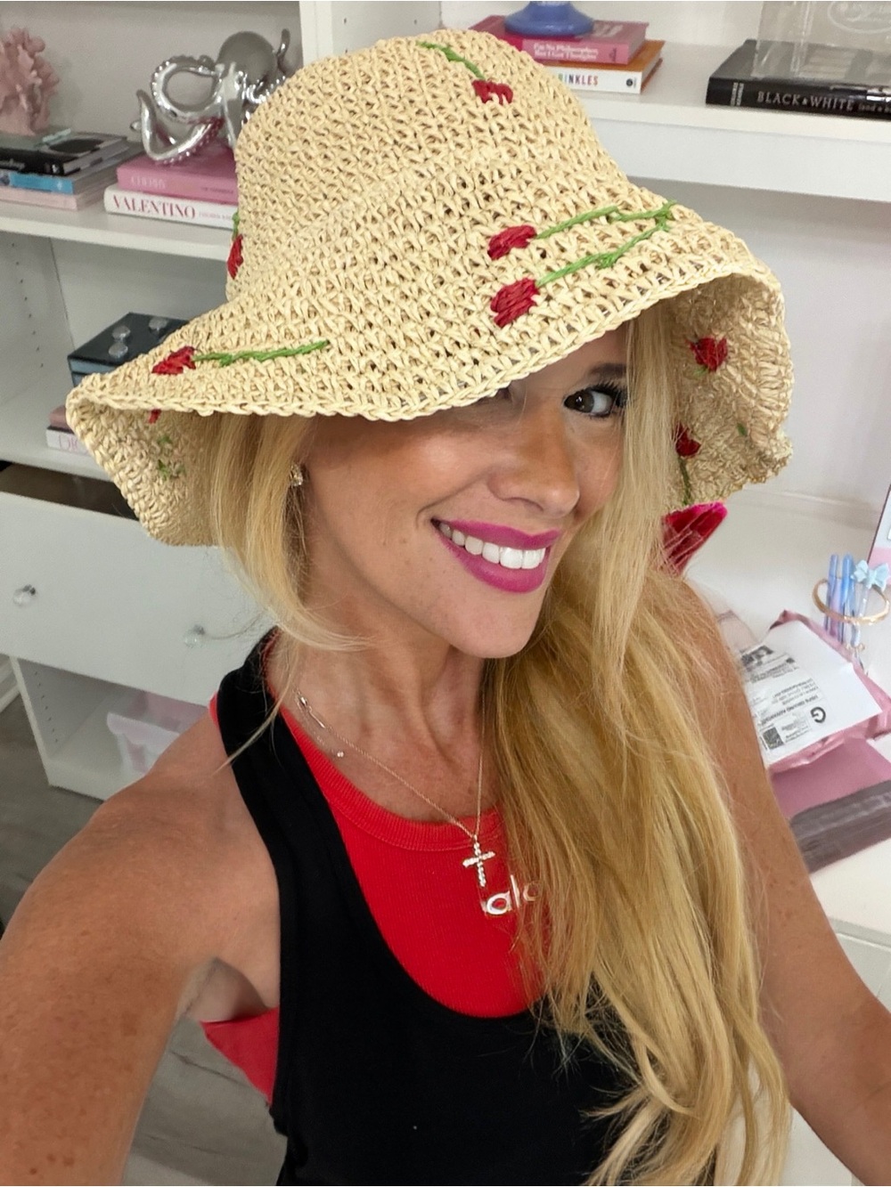 Vici Natural Crochet Bucket Hat with Red Cherry Embroidery